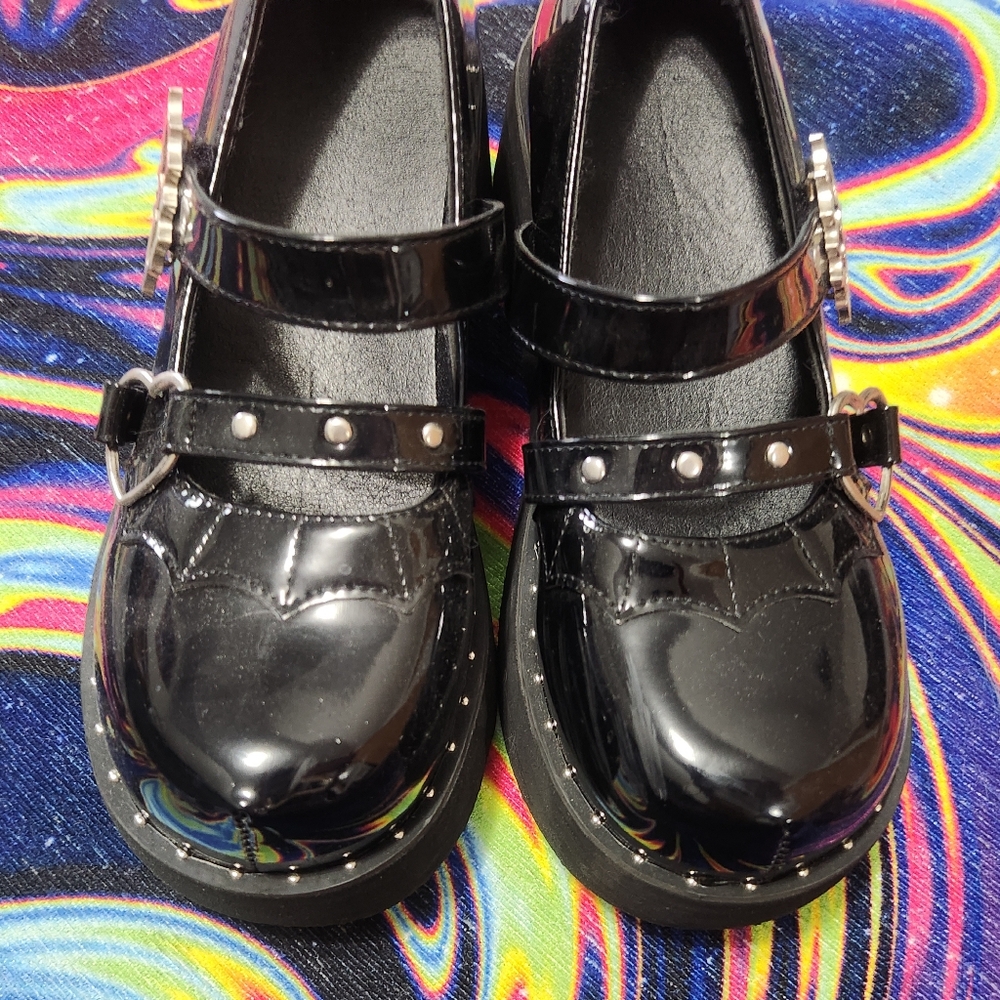 Black Shiny Bat & Heart Platform Mary Janes